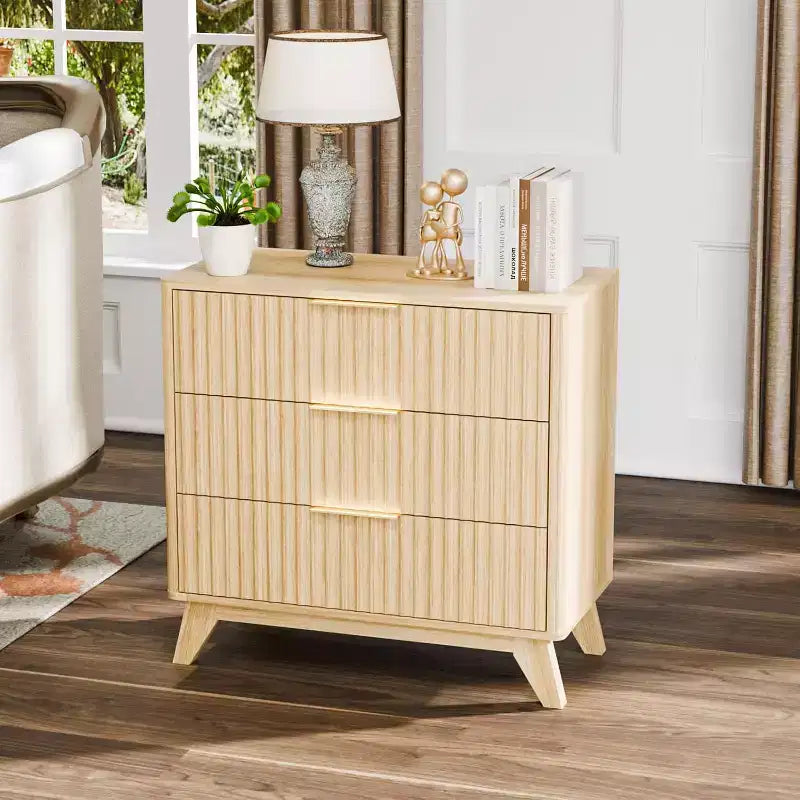 VINGLI 31.5W Tall Nightstand with Drawers, Fluted Nightstand Wood, Mid Century Modern Night Stand 3 Drawer