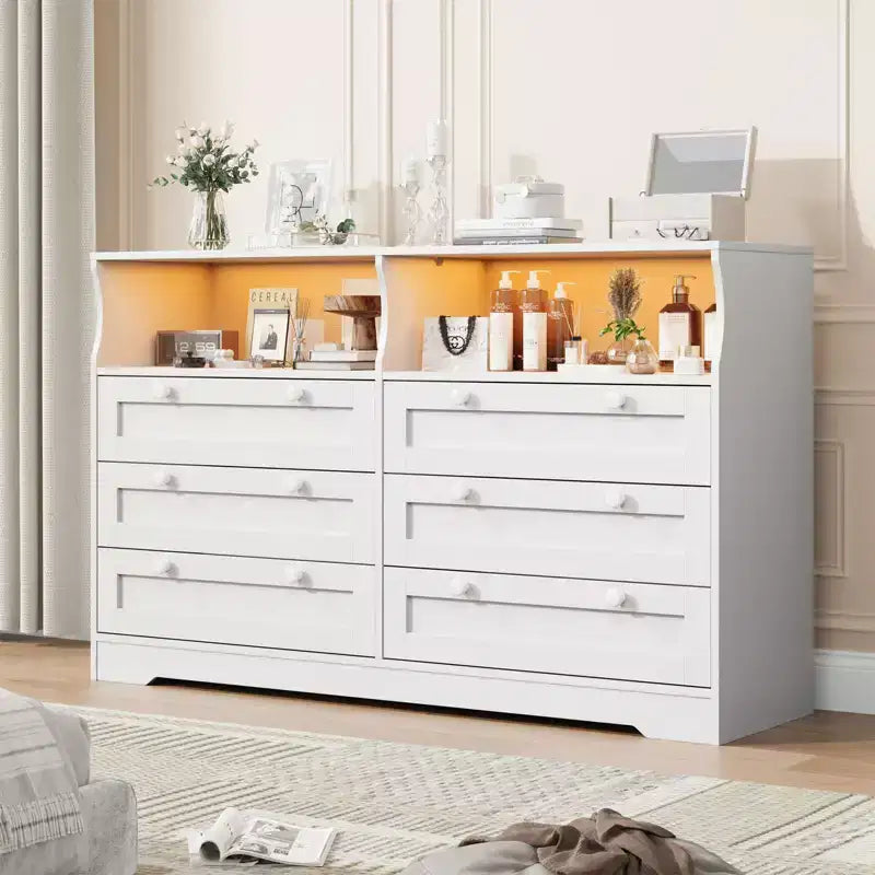 55 Inch Wooden 6 Drawer Dresser for Bedroom with Led Light, and Large Capacity Storage, Wide Storage Dressers Organizer for Closet and Living Room