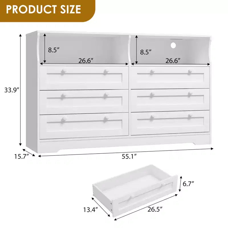 55 Inch Wooden 6 Drawer Dresser for Bedroom with Led Light, and Large Capacity Storage, Wide Storage Dressers Organizer for Closet and Living Room