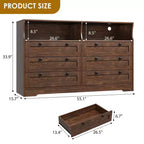 55 Inch Wooden 6 Drawer Dresser for Bedroom with Led Light, and Large Capacity Storage, Wide Storage Dressers Organizer for Closet and Living Room