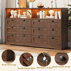 55 Inch Wooden 6 Drawer Dresser for Bedroom with Led Light, and Large Capacity Storage, Wide Storage Dressers Organizer for Closet and Living Room