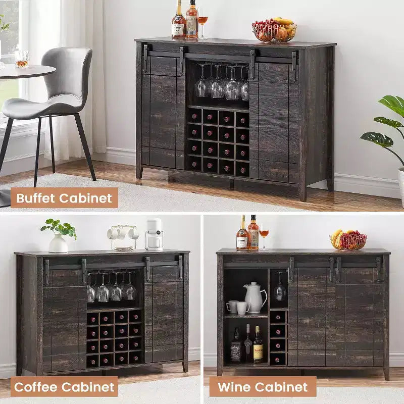 Acekool Bar Cabinet, 47 Buffet Server Sideboard with Sliding Barn Doors, Farmhouse Storage Cabinet with Adjustable Shelf for Dining Room Dark Brown