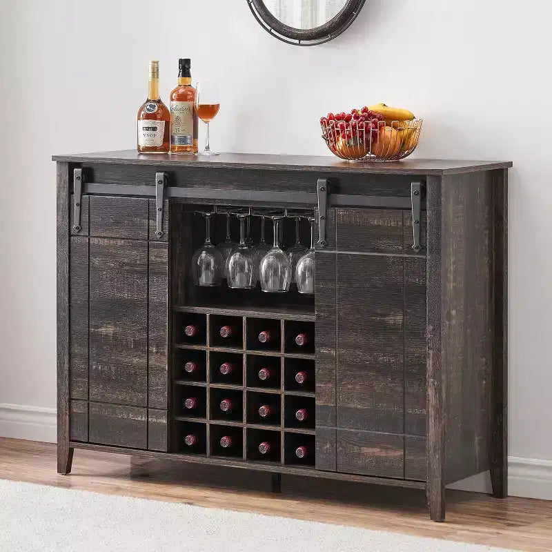 Acekool Bar Cabinet, 47 Buffet Server Sideboard with Sliding Barn Doors, Farmhouse Storage Cabinet with Adjustable Shelf for Dining Room Dark Brown