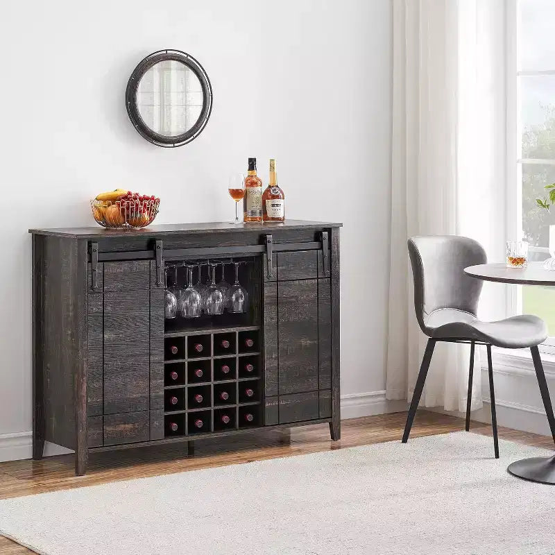 Acekool Bar Cabinet, 47 Buffet Server Sideboard with Sliding Barn Doors, Farmhouse Storage Cabinet with Adjustable Shelf for Dining Room Dark Brown