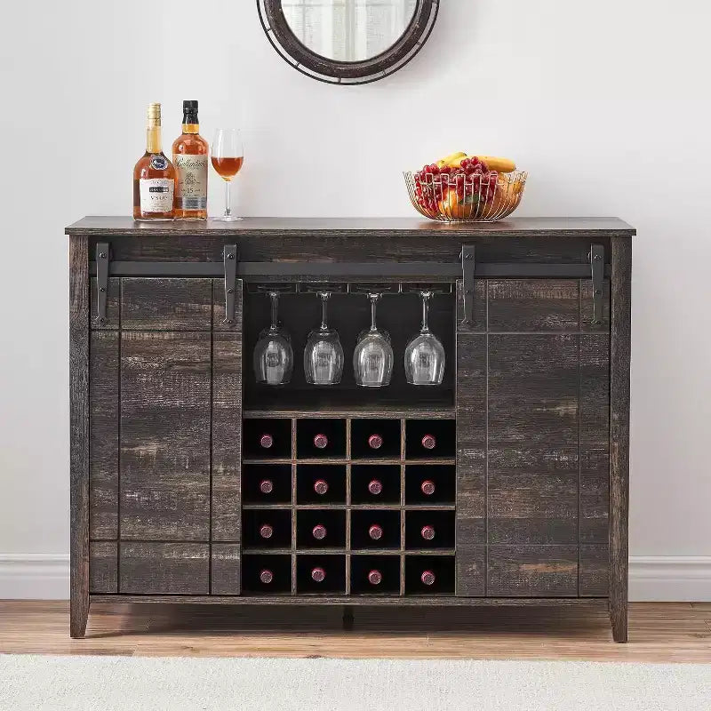 Acekool Bar Cabinet, 47 Buffet Server Sideboard with Sliding Barn Doors, Farmhouse Storage Cabinet with Adjustable Shelf for Dining Room Dark Brown