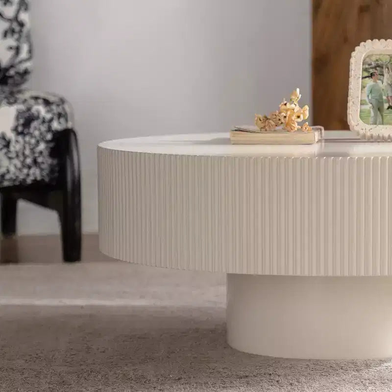 Maxax White Modern Round Coffee Table, 34.25 Wooden Drum Center Table.Contemporary Accent Coffee Table for Living Room, Apartment, Office