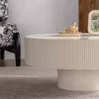 Maxax White Modern Round Coffee Table, 34.25 Wooden Drum Center Table.Contemporary Accent Coffee Table for Living Room, Apartment, Office