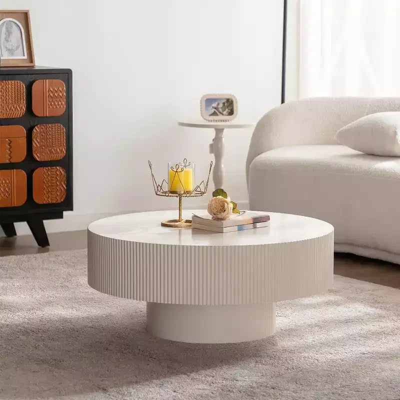 Maxax White Modern Round Coffee Table, 34.25 Wooden Drum Center Table.Contemporary Accent Coffee Table for Living Room, Apartment, Office