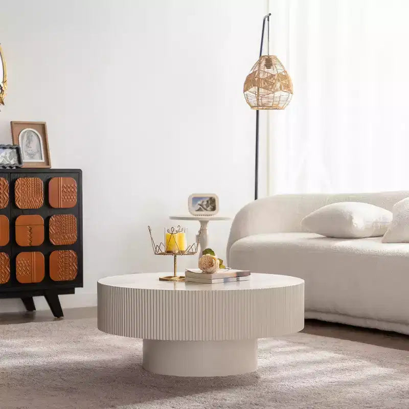 Maxax White Modern Round Coffee Table, 34.25 Wooden Drum Center Table.Contemporary Accent Coffee Table for Living Room, Apartment, Office