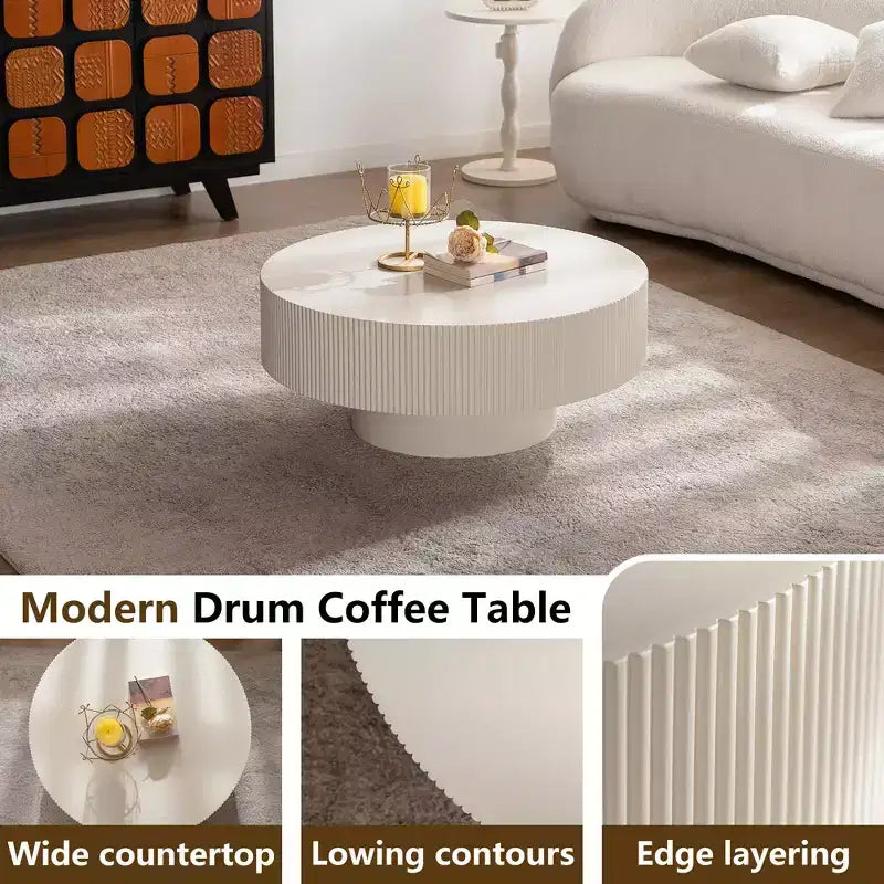 Maxax White Modern Round Coffee Table, 34.25 Wooden Drum Center Table.Contemporary Accent Coffee Table for Living Room, Apartment, Office