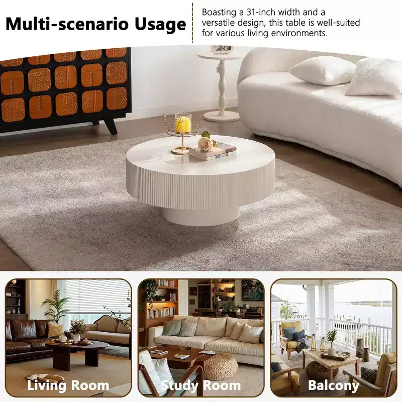 Maxax White Modern Round Coffee Table, 34.25 Wooden Drum Center Table.Contemporary Accent Coffee Table for Living Room, Apartment, Office