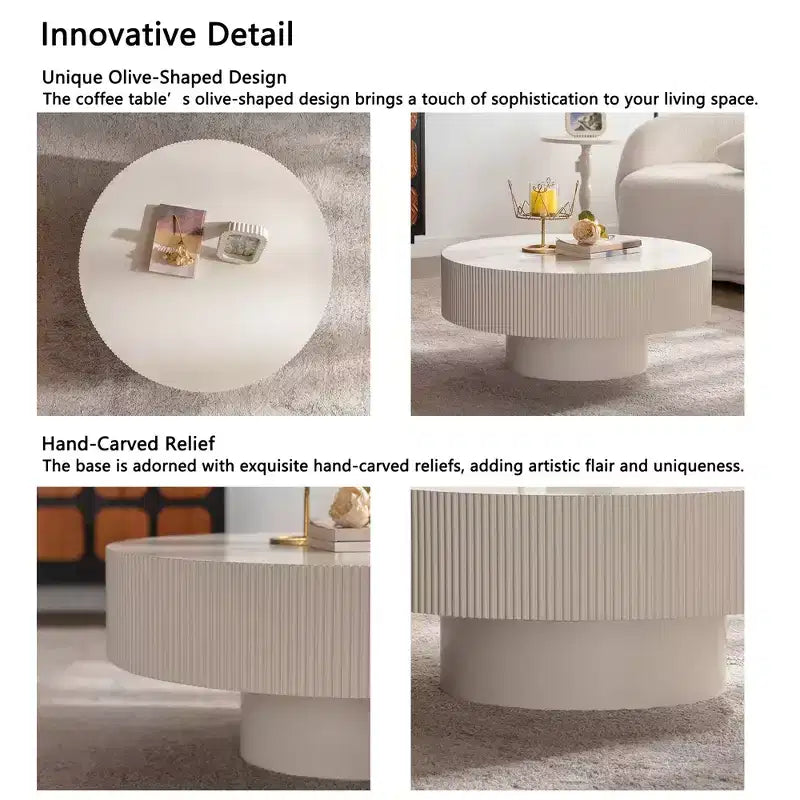 Maxax White Modern Round Coffee Table, 34.25 Wooden Drum Center Table.Contemporary Accent Coffee Table for Living Room, Apartment, Office