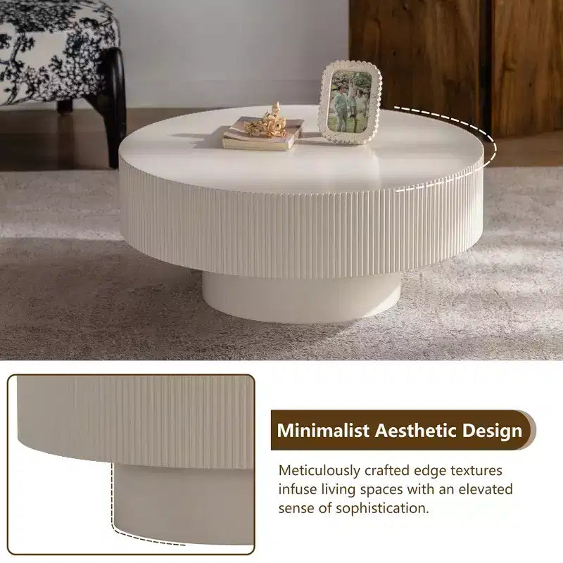 Maxax White Modern Round Coffee Table, 34.25 Wooden Drum Center Table.Contemporary Accent Coffee Table for Living Room, Apartment, Office
