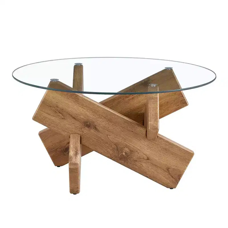 Okak Modern Circular Glass Coffee Table, Small Distinctive Design Tea Table Wood Legs for Living Room Reception Office Farmhouses