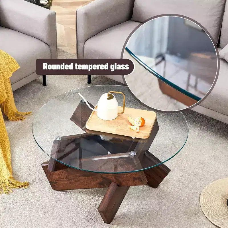 Okak Modern Circular Glass Coffee Table, Small Distinctive Design Tea Table Wood Legs for Living Room Reception Office Farmhouses