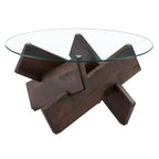 Okak Modern Circular Glass Coffee Table, Small Distinctive Design Tea Table Wood Legs for Living Room Reception Office Farmhouses