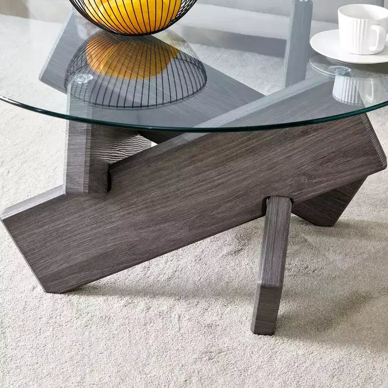 Okak Modern Circular Glass Coffee Table, Small Distinctive Design Tea Table Wood Legs for Living Room Reception Office Farmhouses