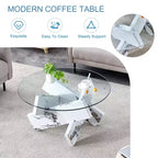 Okak Modern Circular Glass Coffee Table, Small Distinctive Design Tea Table Wood Legs for Living Room Reception Office Farmhouses