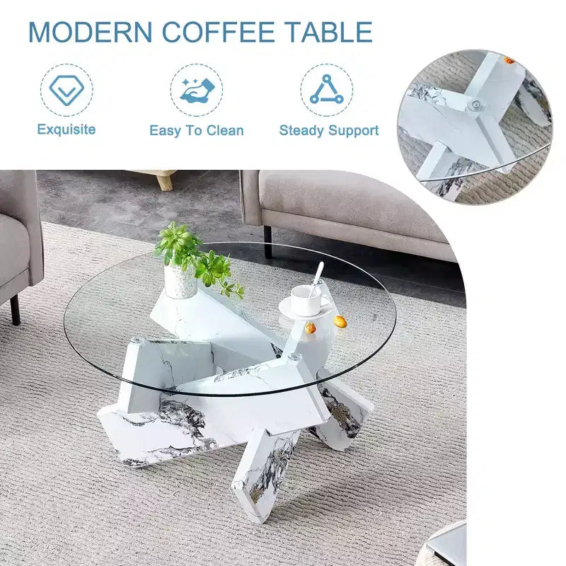 Okak Modern Circular Glass Coffee Table, Small Distinctive Design Tea Table Wood Legs for Living Room Reception Office Farmhouses