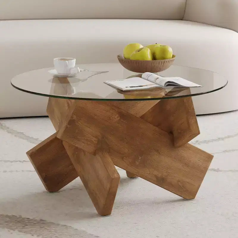 Okak Modern Circular Glass Coffee Table, Small Distinctive Design Tea Table Wood Legs for Living Room Reception Office Farmhouses