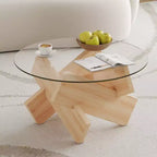 Okak Modern Circular Glass Coffee Table, Small Distinctive Design Tea Table Wood Legs for Living Room Reception Office Farmhouses