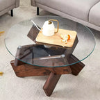 Okak Modern Circular Glass Coffee Table, Small Distinctive Design Tea Table Wood Legs for Living Room Reception Office Farmhouses