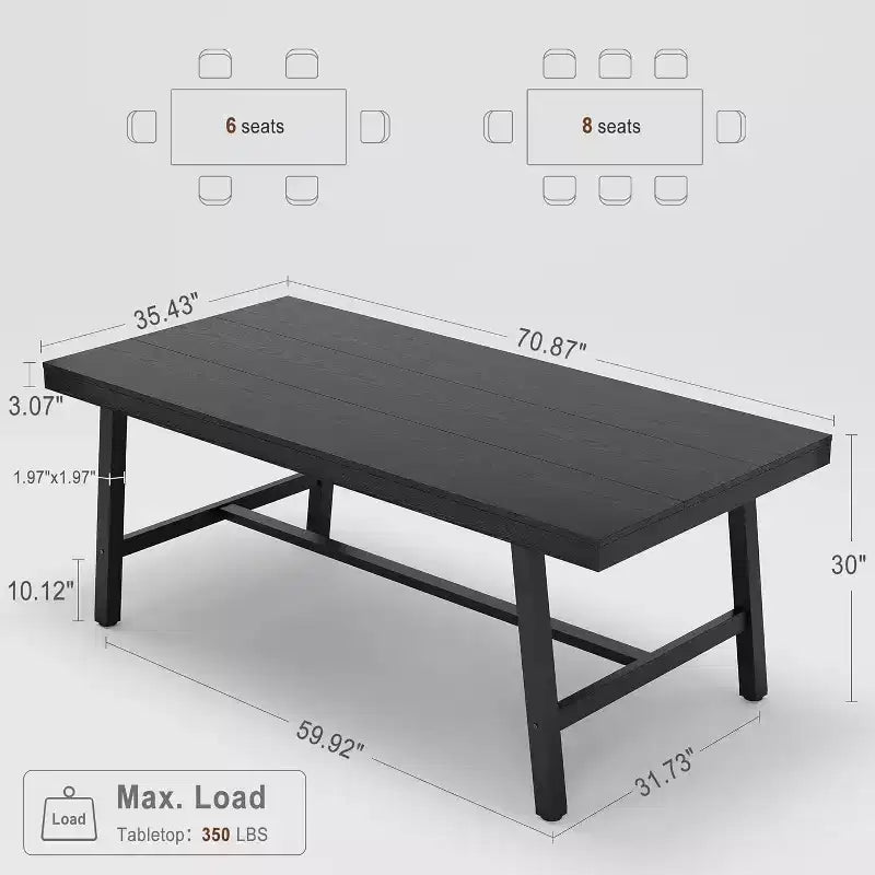 Industrial Style Dining Table for 6-8, 70.87 Long Wooden Kitchen Table with Durable Metal Frame, Black Finish, For Dining Room or Kitchen