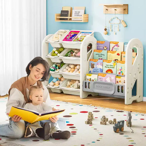 2-in-1 Kids Bookshelf and Toy Organizer with Storage Bins, White HDPE