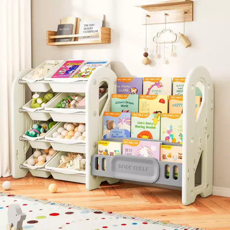 2-in-1 Kids Bookshelf and Toy Organizer with Storage Bins, White HDPE