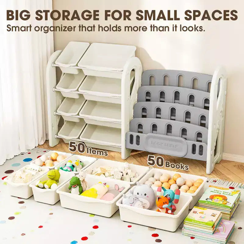 2-in-1 Kids Bookshelf and Toy Organizer with Storage Bins, White HDPE