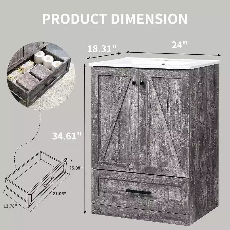 Mastgoal 24 Farmhouse Bathroom Vanity with Sink, Bathroom Dresser with Large Storage Drawer