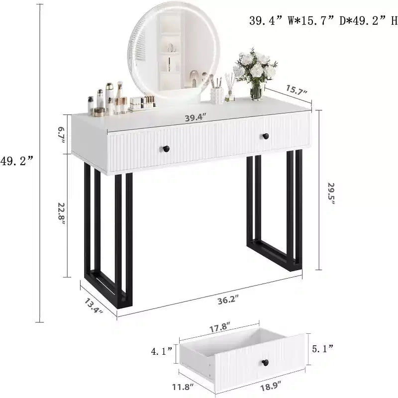 Acekool Vanity Desk with Mirror and Lights, Small Makeup Dressing Table with 2 Drawers, 3-Color LED, Adjustable Brightness, Organizer for Bedroom