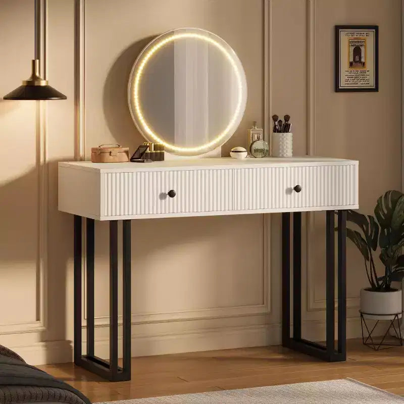 Acekool Vanity Desk with Mirror and Lights, Small Makeup Dressing Table with 2 Drawers, 3-Color LED, Adjustable Brightness, Organizer for Bedroom
