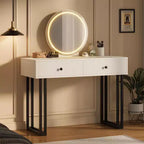 Acekool Vanity Desk with Mirror and Lights, Small Makeup Dressing Table with 2 Drawers, 3-Color LED, Adjustable Brightness, Organizer for Bedroom