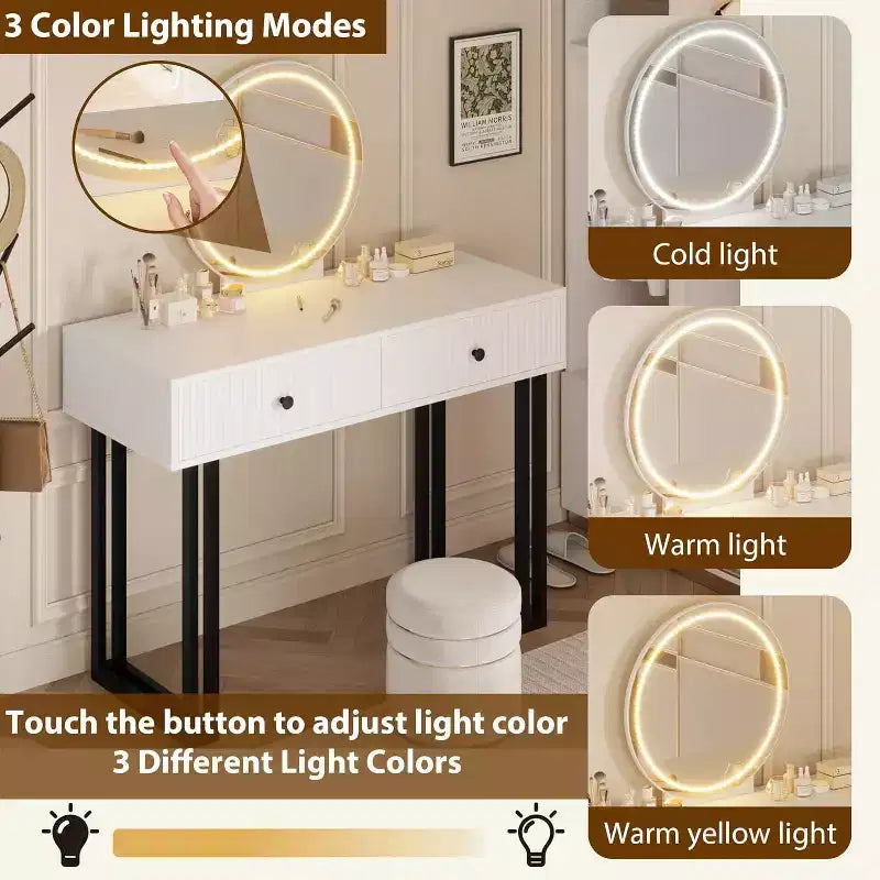 Acekool Vanity Desk with Mirror and Lights, Small Makeup Dressing Table with 2 Drawers, 3-Color LED, Adjustable Brightness, Organizer for Bedroom