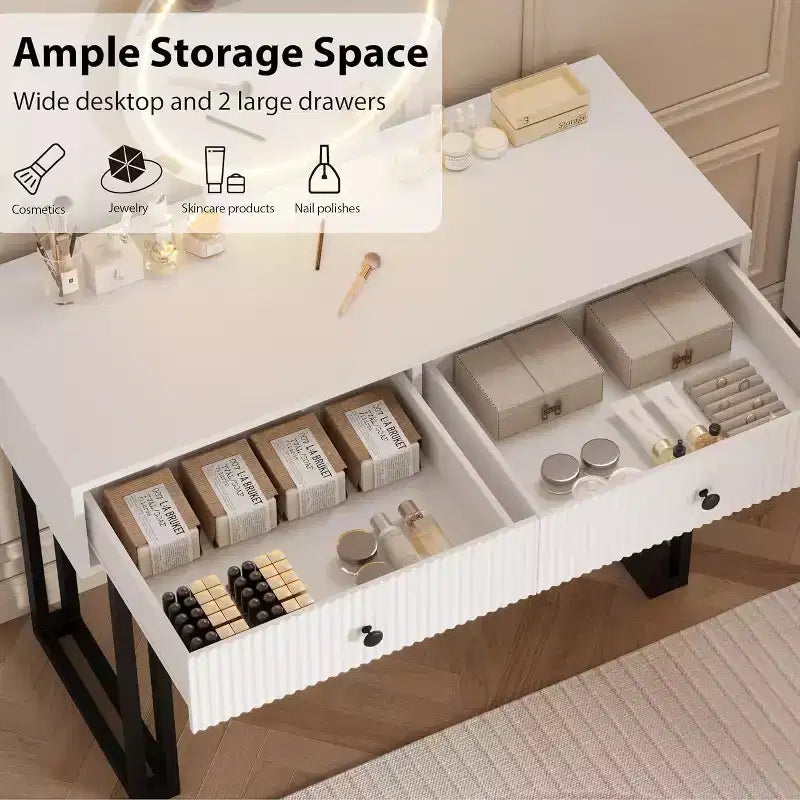 Acekool Vanity Desk with Mirror and Lights, Small Makeup Dressing Table with 2 Drawers, 3-Color LED, Adjustable Brightness, Organizer for Bedroom