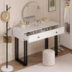 Acekool Vanity Desk with Mirror and Lights, Small Makeup Dressing Table with 2 Drawers, 3-Color LED, Adjustable Brightness, Organizer for Bedroom