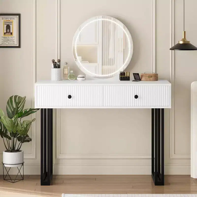 Acekool Vanity Desk with Mirror and Lights, Small Makeup Dressing Table with 2 Drawers, 3-Color LED, Adjustable Brightness, Organizer for Bedroom
