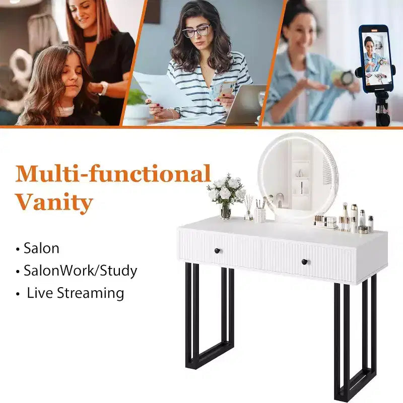 Acekool Vanity Desk with Mirror and Lights, Small Makeup Dressing Table with 2 Drawers, 3-Color LED, Adjustable Brightness, Organizer for Bedroom