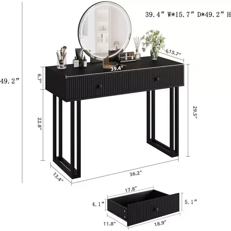Acekool Vanity Desk with Mirror and Lights, Small Makeup Dressing Table with 2 Drawers, 3-Color LED, Adjustable Brightness, Organizer for Bedroom