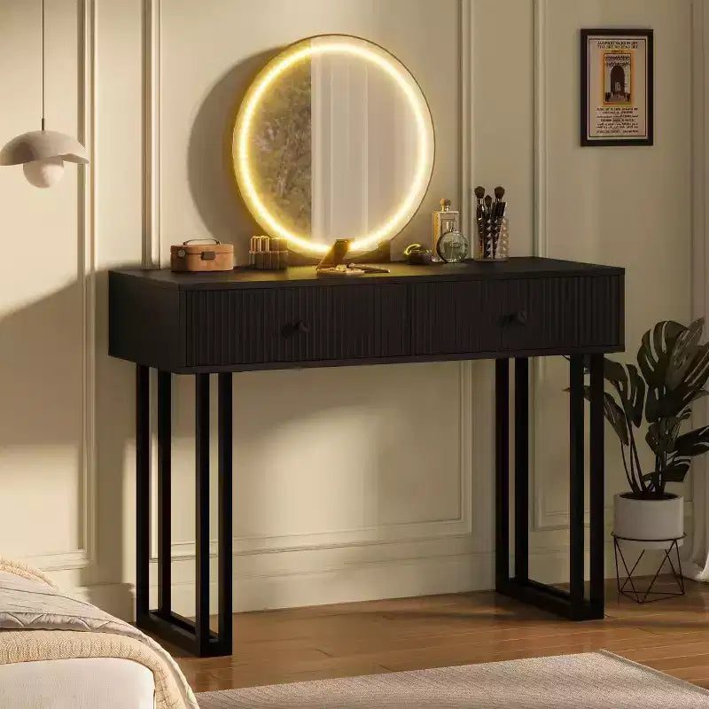 Acekool Vanity Desk with Mirror and Lights, Small Makeup Dressing Table with 2 Drawers, 3-Color LED, Adjustable Brightness, Organizer for Bedroom
