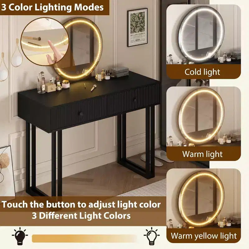 Acekool Vanity Desk with Mirror and Lights, Small Makeup Dressing Table with 2 Drawers, 3-Color LED, Adjustable Brightness, Organizer for Bedroom