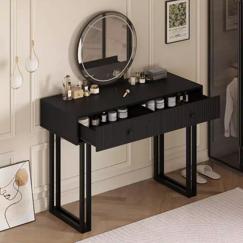 Acekool Vanity Desk with Mirror and Lights, Small Makeup Dressing Table with 2 Drawers, 3-Color LED, Adjustable Brightness, Organizer for Bedroom