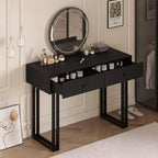 Acekool Vanity Desk with Mirror and Lights, Small Makeup Dressing Table with 2 Drawers, 3-Color LED, Adjustable Brightness, Organizer for Bedroom