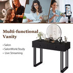 Acekool Vanity Desk with Mirror and Lights, Small Makeup Dressing Table with 2 Drawers, 3-Color LED, Adjustable Brightness, Organizer for Bedroom