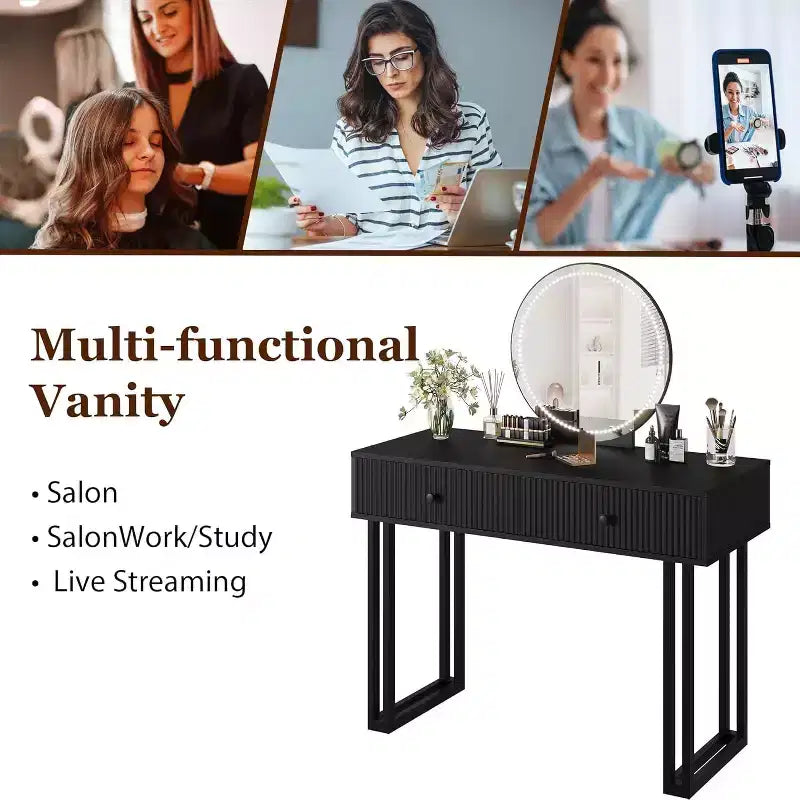 Acekool Vanity Desk with Mirror and Lights, Small Makeup Dressing Table with 2 Drawers, 3-Color LED, Adjustable Brightness, Organizer for Bedroom