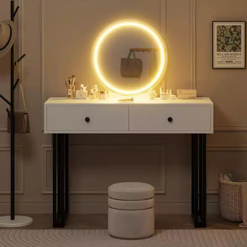 Acekool Vanity Desk with Mirror and Lights, Small Makeup Dressing Table with 2 Drawers, 3-Color LED, Adjustable Brightness, Organizer for Bedroom