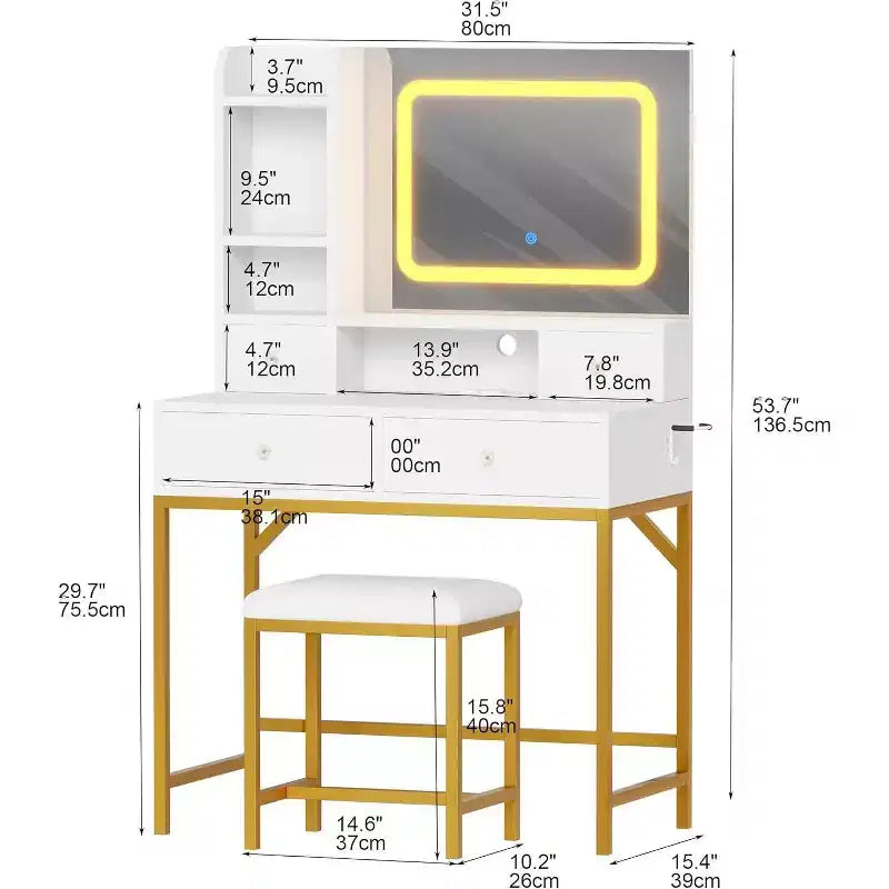 Acekool Makeup Vanity Desk with Mirror, 3-Color LED Lights, Charging Station, 4 Drawers, 6 Shelves, Stool, White Gold