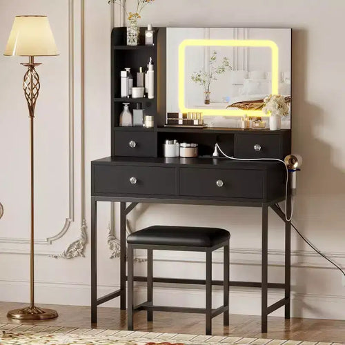 Acekool Makeup Vanity Desk with Mirror, 3-Color LED Lights, Charging Station, 4 Drawers, 6 Shelves, Stool, White Gold