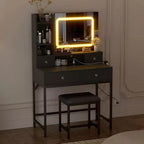 Acekool Makeup Vanity Desk with Mirror, 3-Color LED Lights, Charging Station, 4 Drawers, 6 Shelves, Stool, White Gold